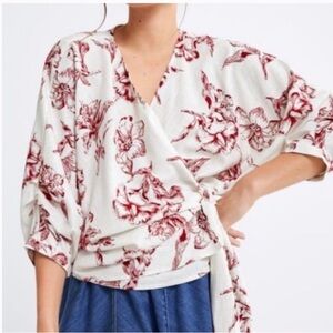 Zara Wrap Kimono Top Linen Blend Red White Toile Floral Print Puff Sleeve Large